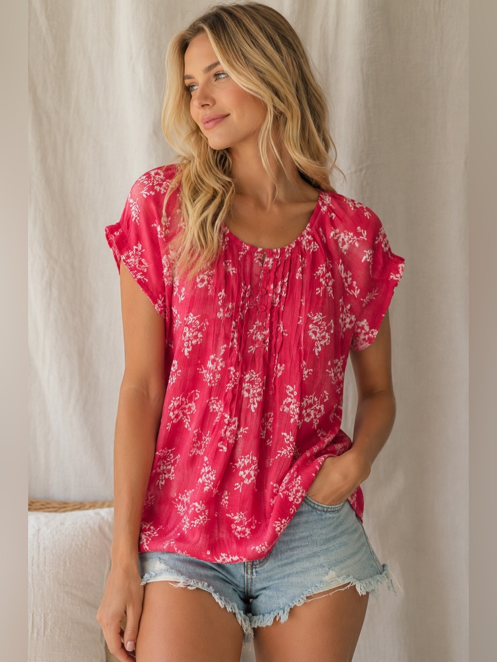 Bit & Bridle Pink Floral Peasant Top SZ S Cottagecore Boho Lightweight Rayon